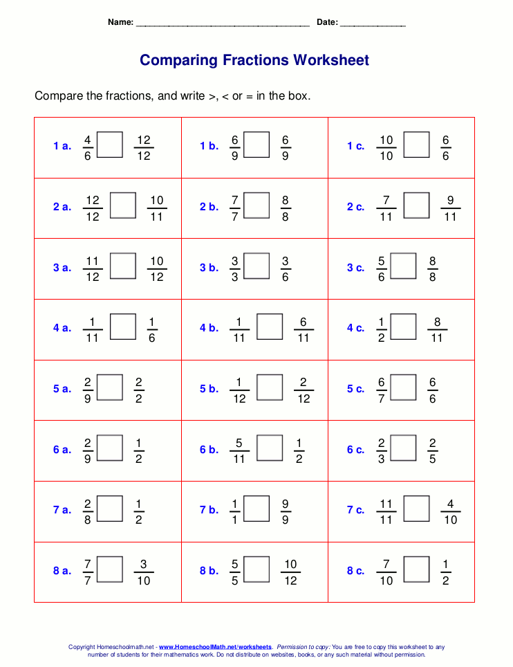 Free worksheets for comparing or ordering fractions