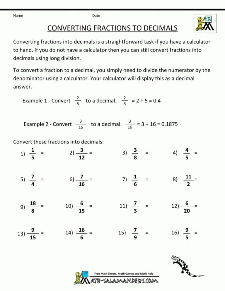 Change Fraction Into Decimal Worksheet