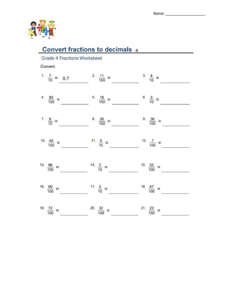 Convert Fraction To Decimal Worksheet Grade 4