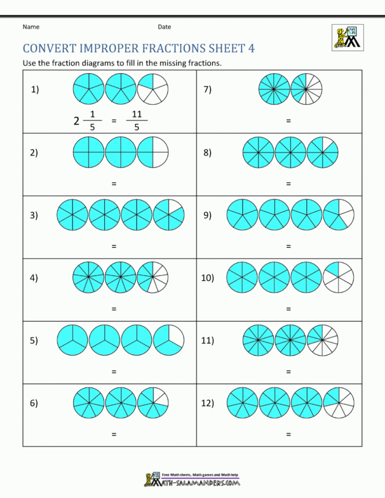 Converting Mixed Numbers To Improper Fractions Worksheet Grade 4