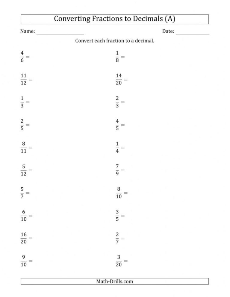Fraction To Decimal Worksheet Grade 4