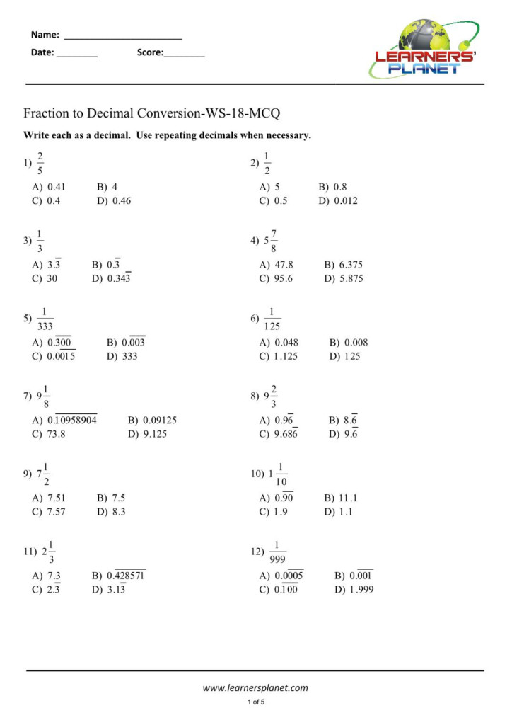 Converting Fractions To Decimals Worksheet Grade 7