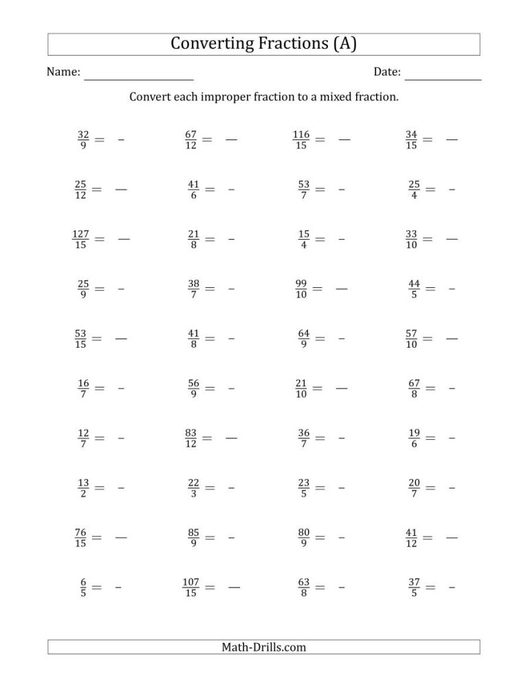 Mixed Numbers To Improper Fractions Worksheets Grade 6