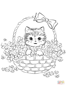 Cute Kitten in Basket of Shamrock coloring page Free Printable