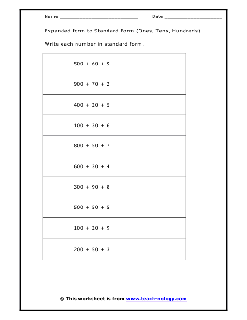 Expanded And Standard Form Worksheets Grade 3