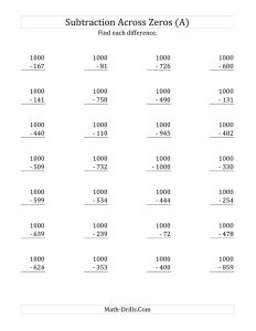 The Subtracting Across Zeros from 1000 (A) math worksheet from the