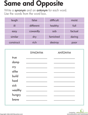 Antonyms Worksheet For Grade 3 Pdf