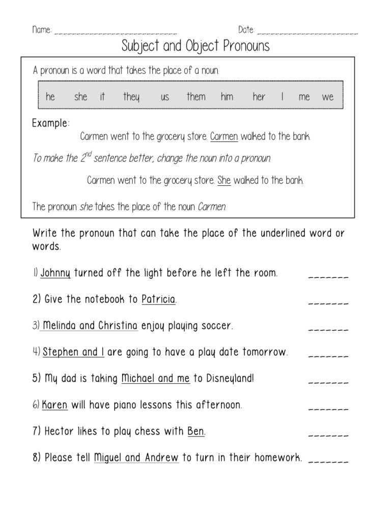 Subject And Object Pronouns Worksheet With Answers