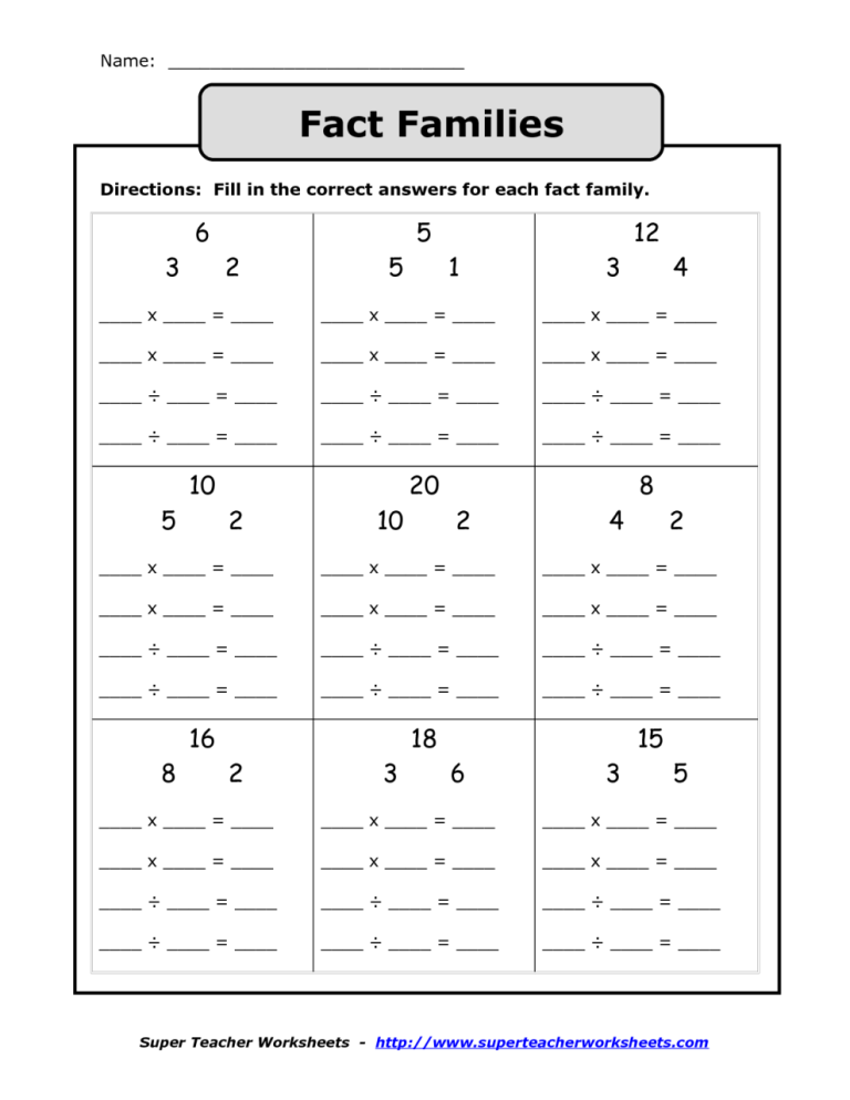 Multiplication/Division Fact Families Worksheets 4Th Grade