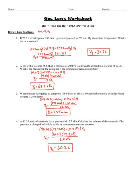 Boyle's Law And Charles' Law Worksheet Answer Key With Work