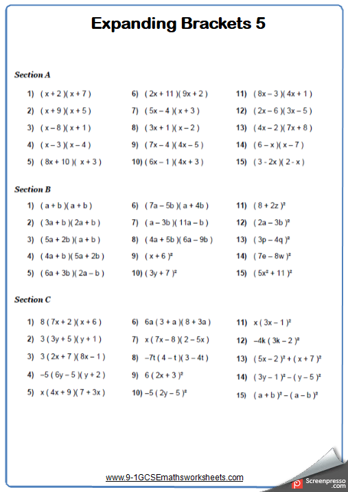 Grade 9 Quadratic Equations Worksheet