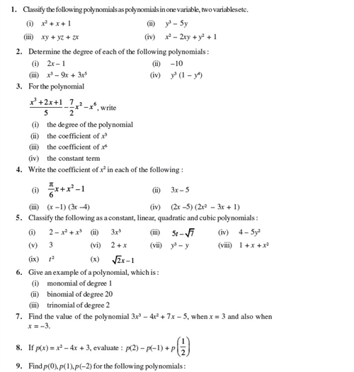 Polynomials Class 9 Worksheet With Solutions