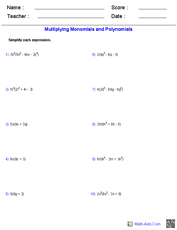 Dividing Polynomials By Monomials Worksheet worksheet