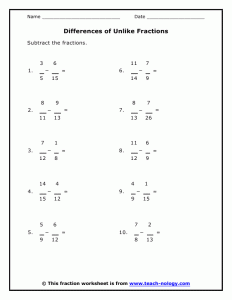 Subtracting Fractions With Different Denominators Worksheets stage