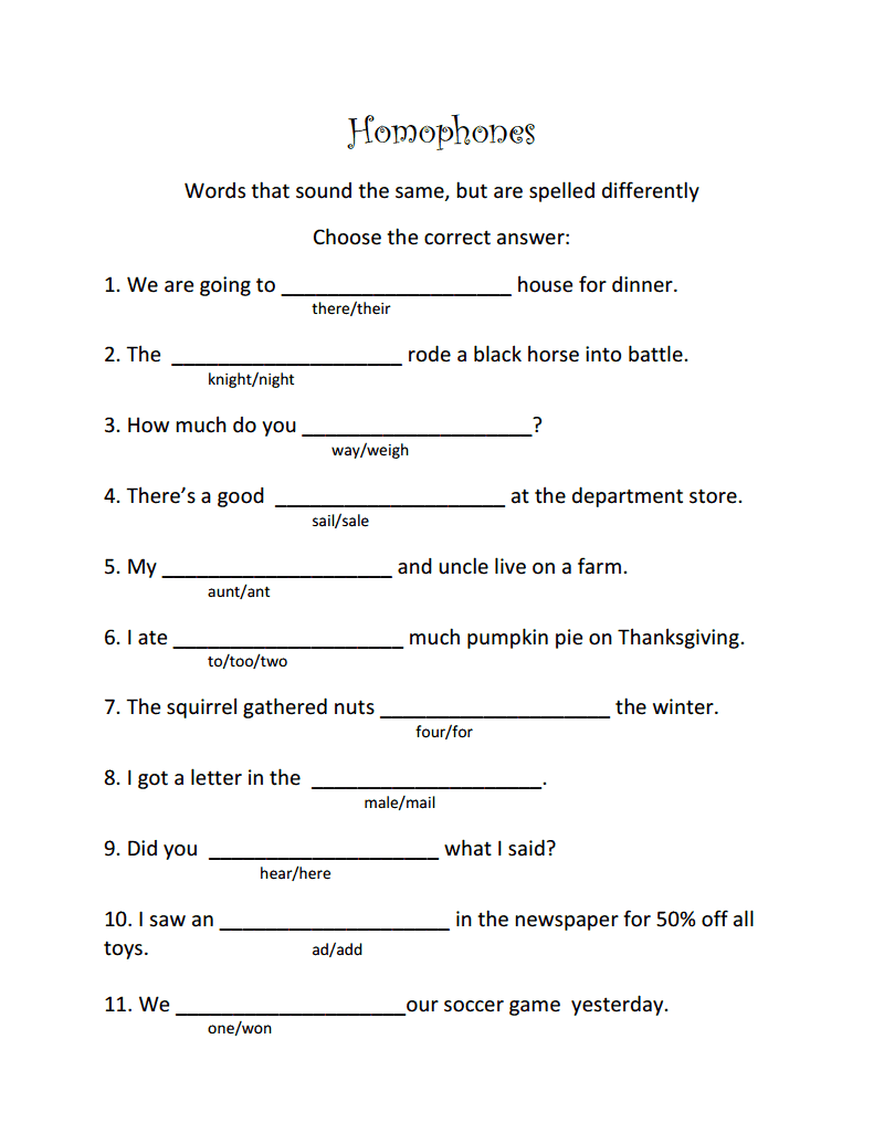 4th Grade Homonyms Worksheets Pdf