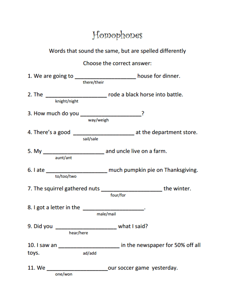 5th Grade Homonyms Worksheets Pdf