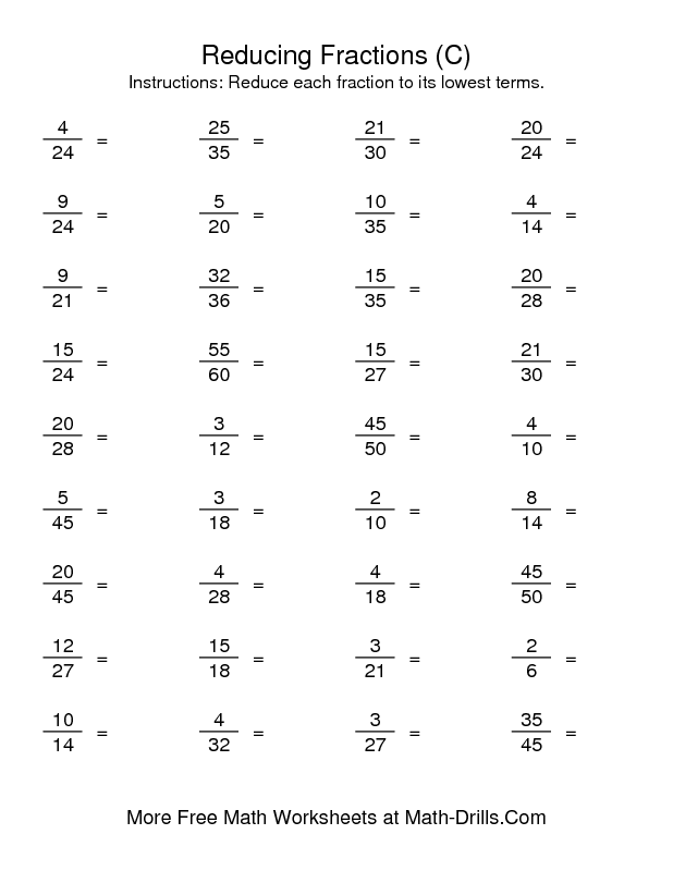 Reducing Fractions Worksheet Answer Key Math-aids.com