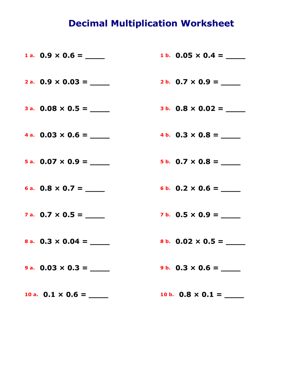 Multiplication Of Decimals Worksheet Pdf