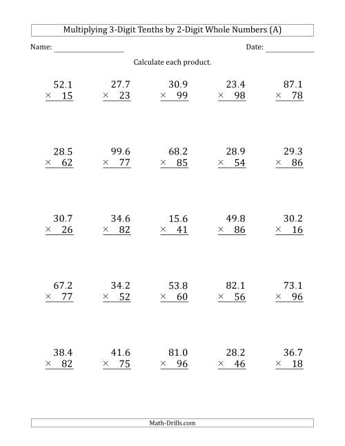Multiplying 3Digit Tenths by 2Digit Whole Numbers (A)