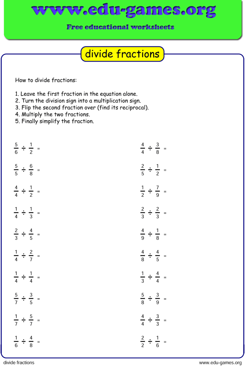 Fraction Division Worksheet Grade 6