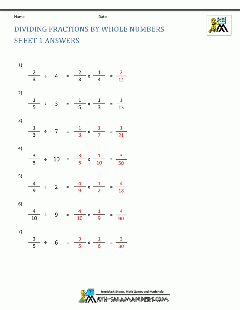 Dividing Mixed Fractions By Whole Numbers Worksheet
