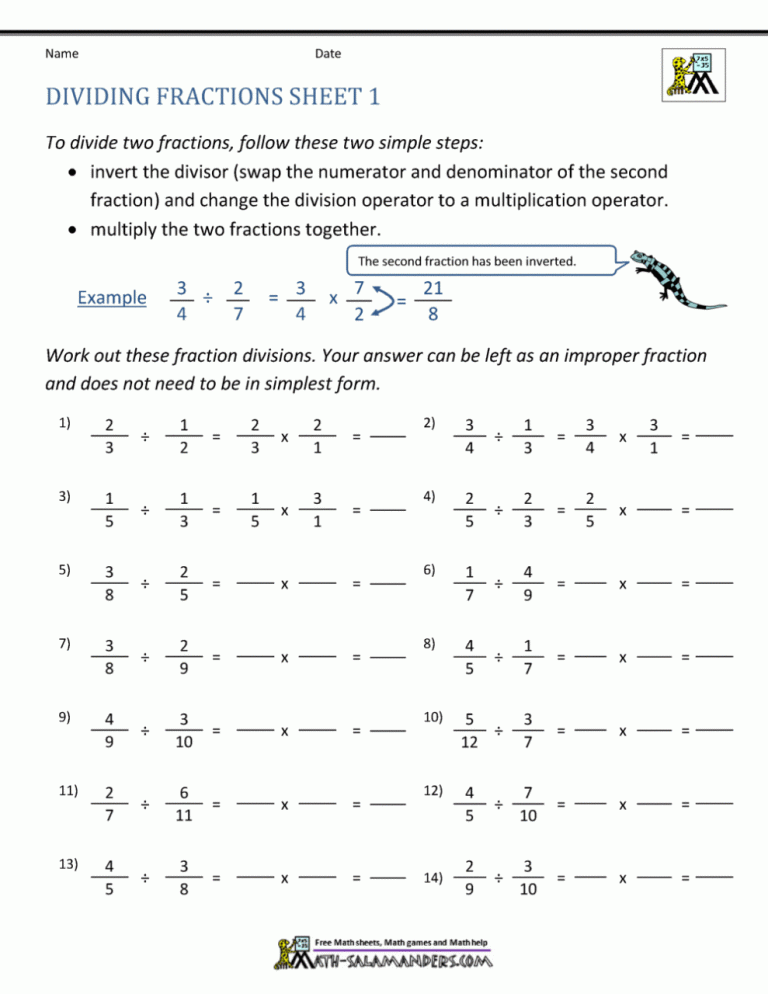 Dividing Fractions Worksheets With Answers Pdf