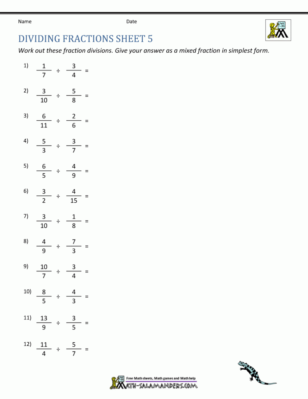 Dividing Fractions Worksheet 6th Grade Answer Key Fraction Worksheets