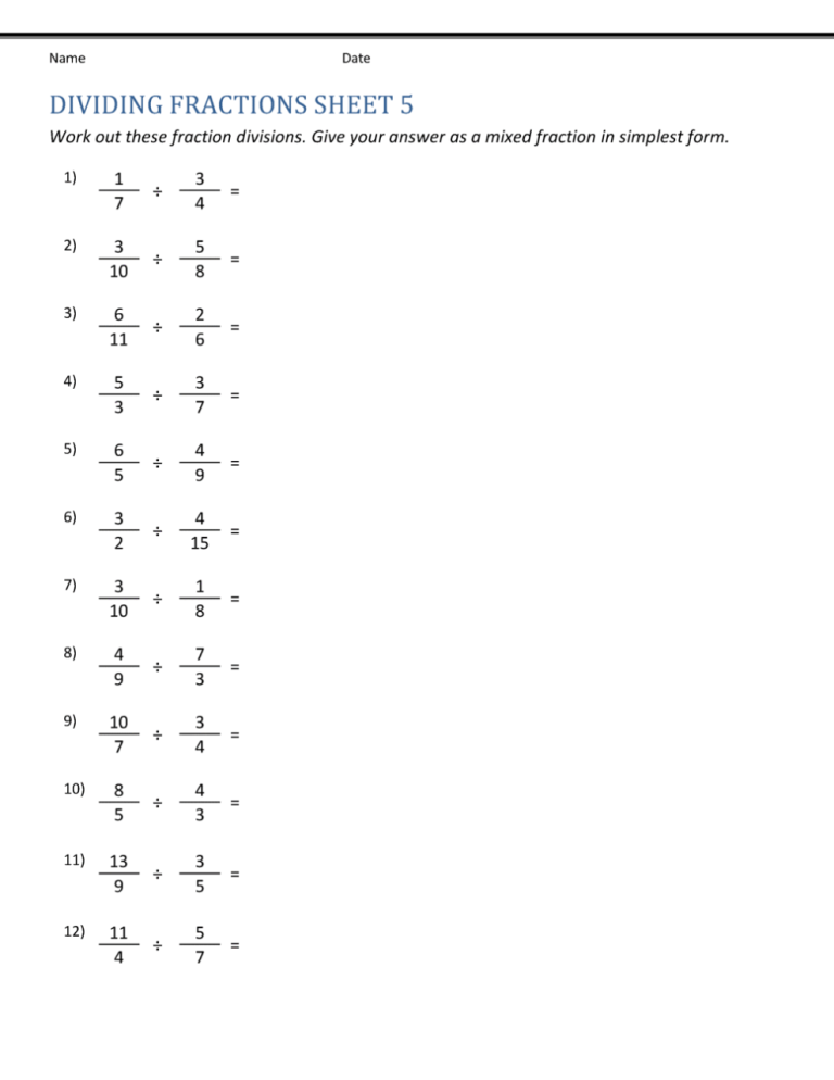 Dividing Fractions Worksheet With Example