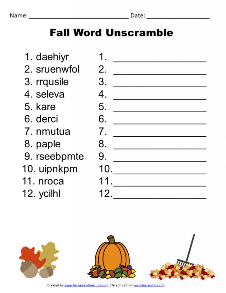 Fall Word Scramble Worksheet With Answers