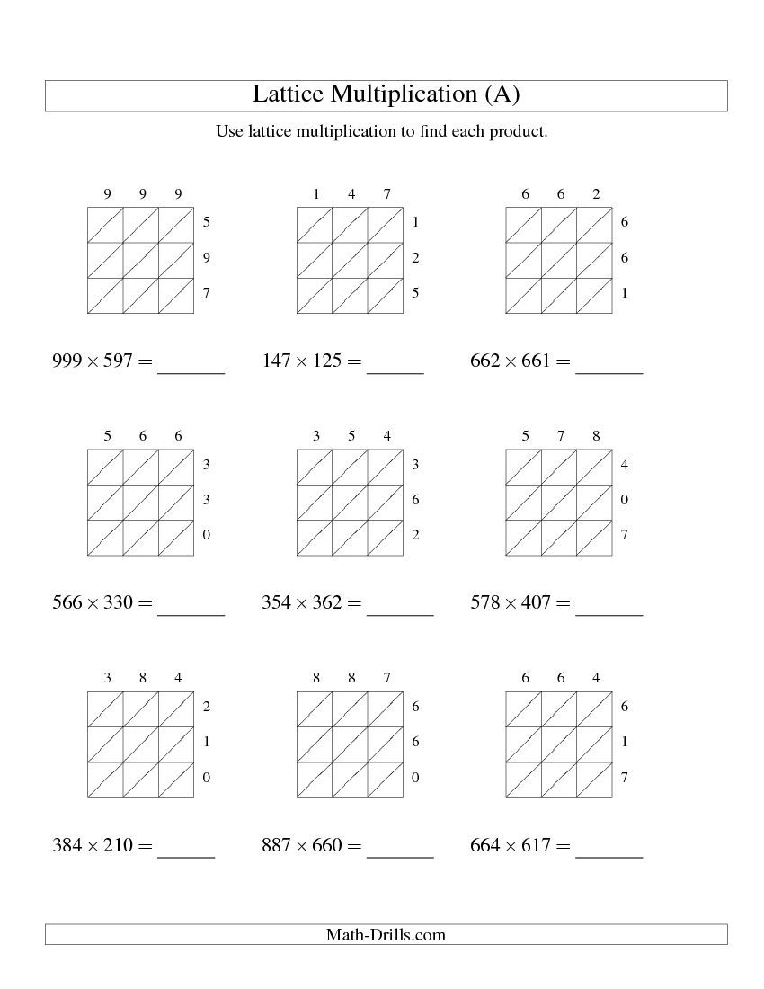 Lattice Multiplication Worksheets 3 By 3 Pdf