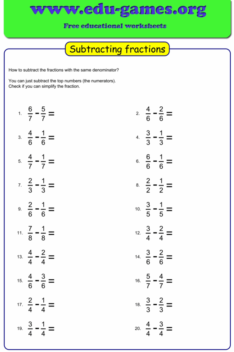 Subtracting Fractions With Like Denominators Worksheets 4Th Grade