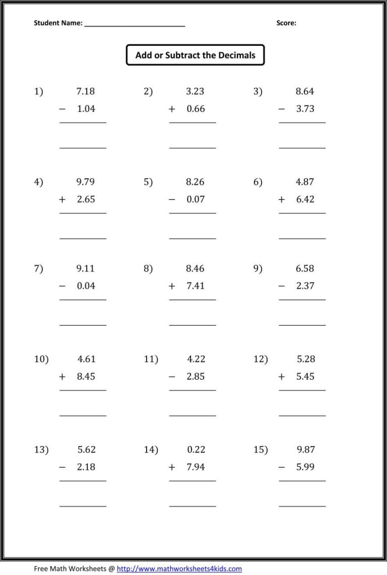 Adding And Subtracting Decimals Worksheets With Answers
