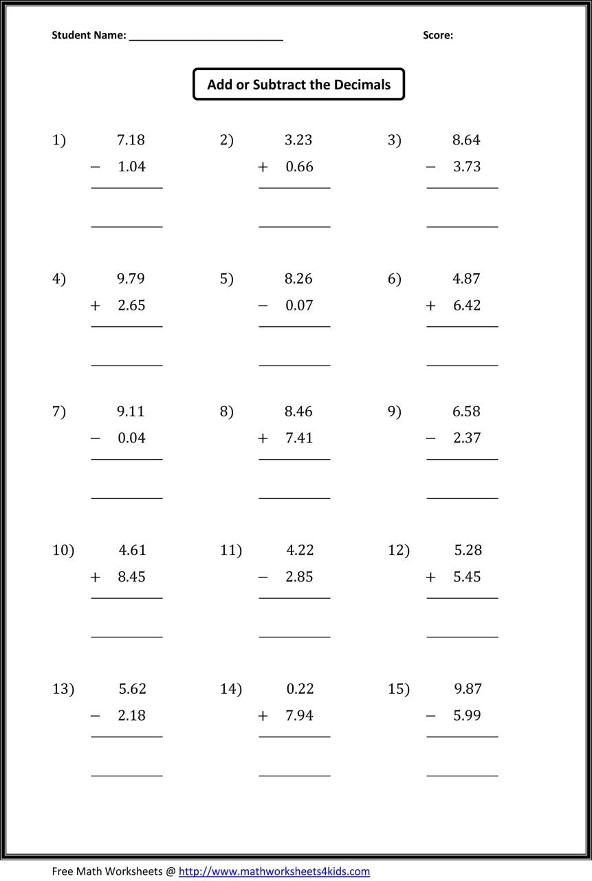 Free Printable Decimals Worksheets Grade 5