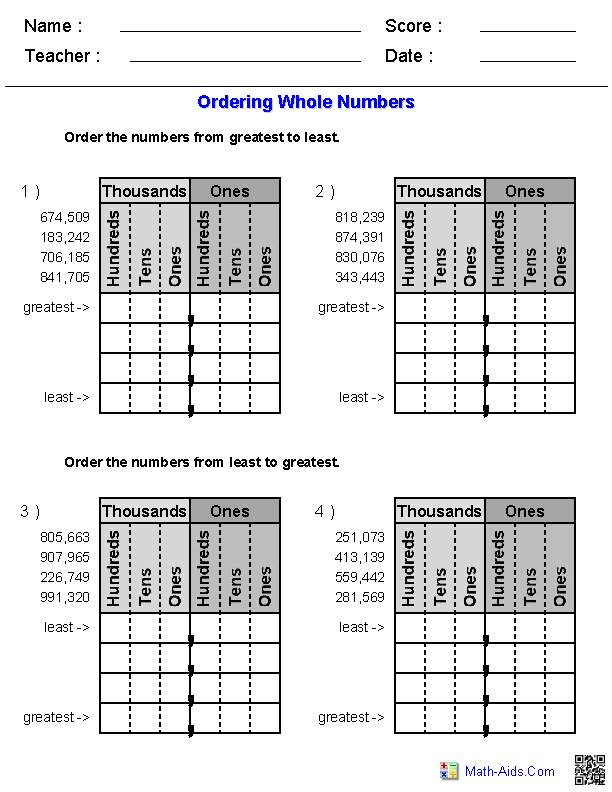 Comparing Large Numbers Worksheets 4th Grade