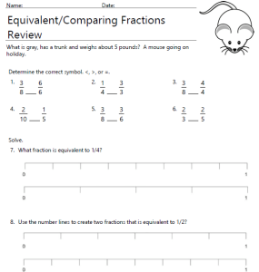 Equivalent and Comparing Fractions 3rd Grade Review Worksheet