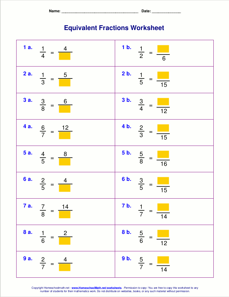 Equivalent Fractions Worksheets Grade 5