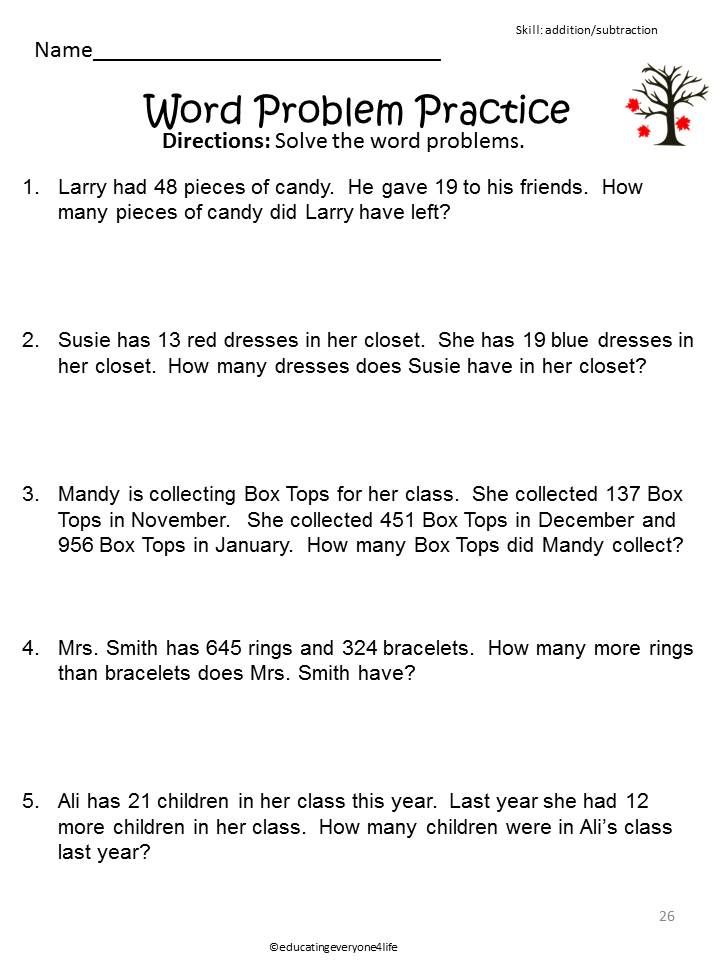Addition Story Problems 3rd Grade