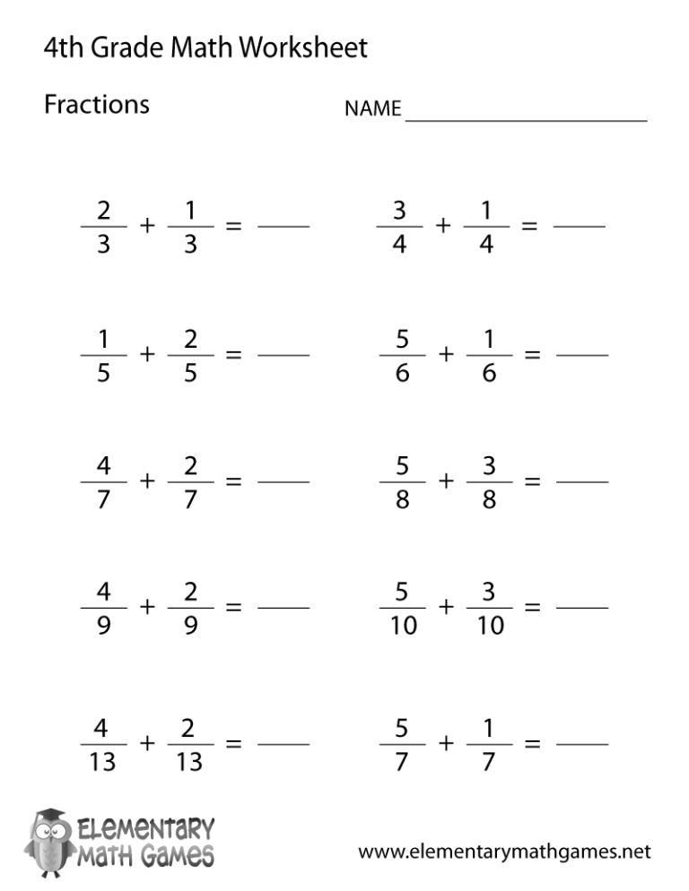 Free Printable Fractions Worksheets Grade 4
