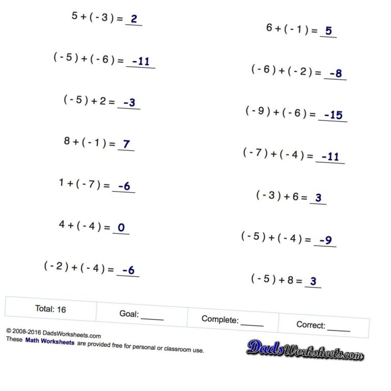 Subtracting Integers Worksheet Grade 7 Pdf