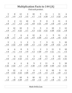 Multiplication Facts to 144 No Zeros (A) Multiplication Work