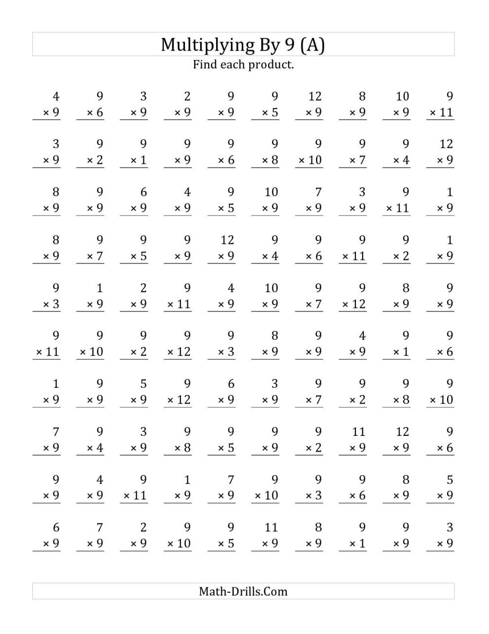 Multiplication Timed Test Printable 0-9