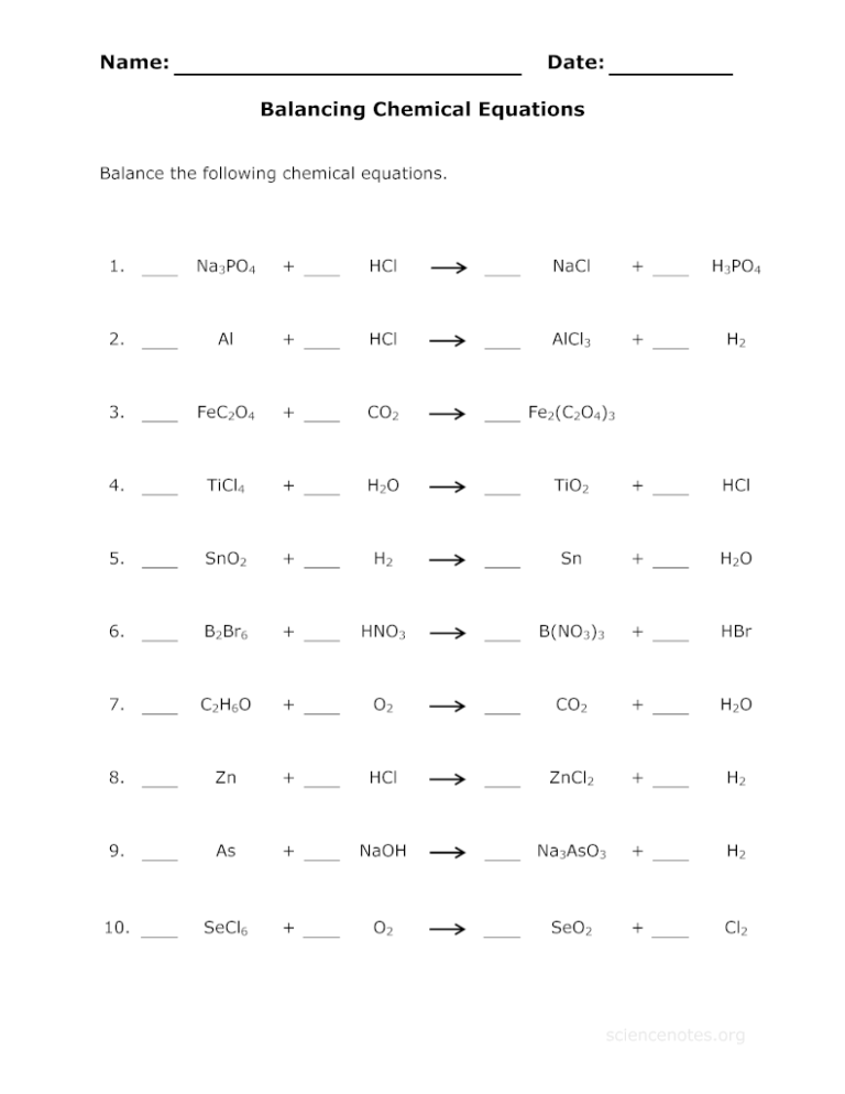 Equations Worksheets 50 Examples Of Balanced Chemical Equations With Answers