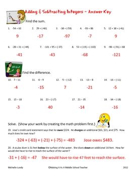 Adding And Subtracting Integers Worksheet With Answers Pdf
