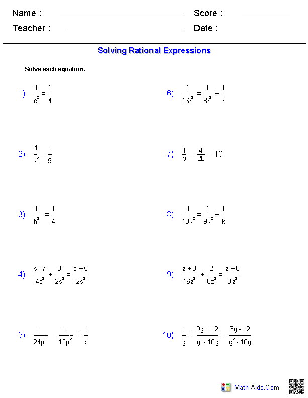 Adding And Subtracting Rational Expressions Worksheet Precalculus