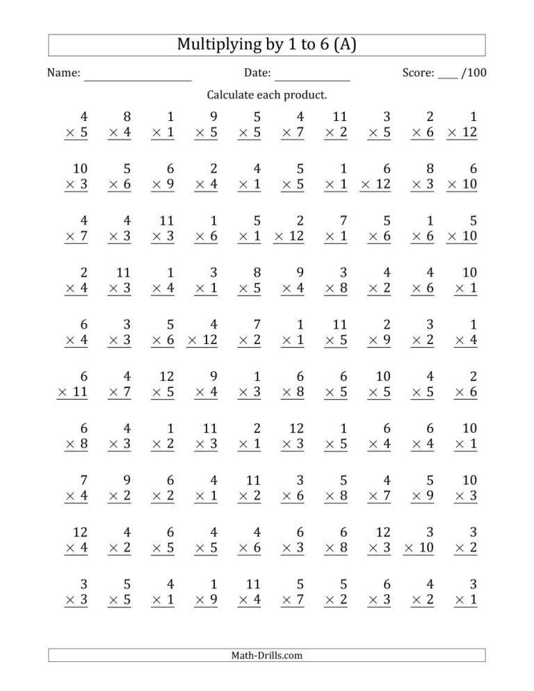 Multiplication Table Worksheet 4Th Grade