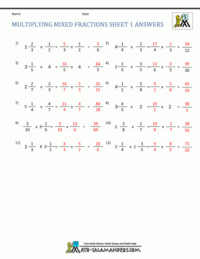 Improper Fractions To Mixed Numbers Worksheet Answer Key