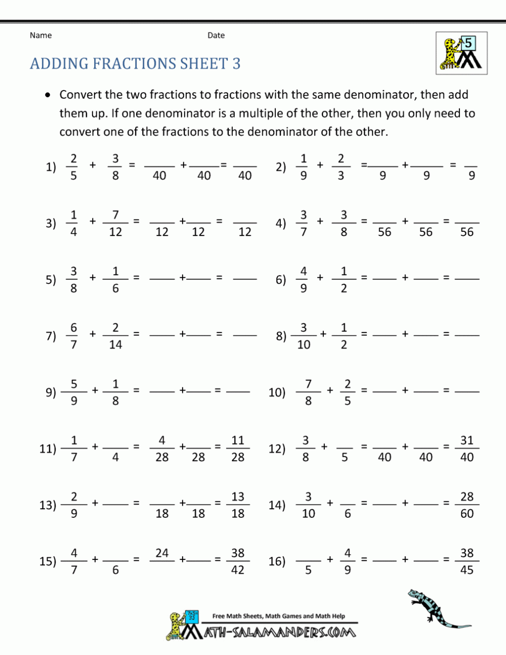 Adding And Subtracting Mixed Numbers With Different Denominators Worksheets
