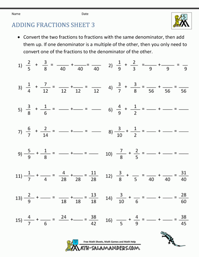 Adding And Subtracting Fractions Worksheets Grade 7