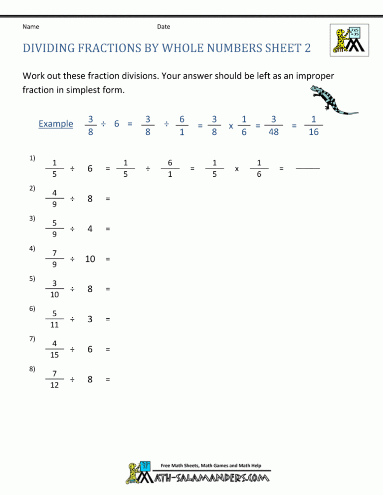 Divide Fractions By Whole Numbers Worksheet Pdf
