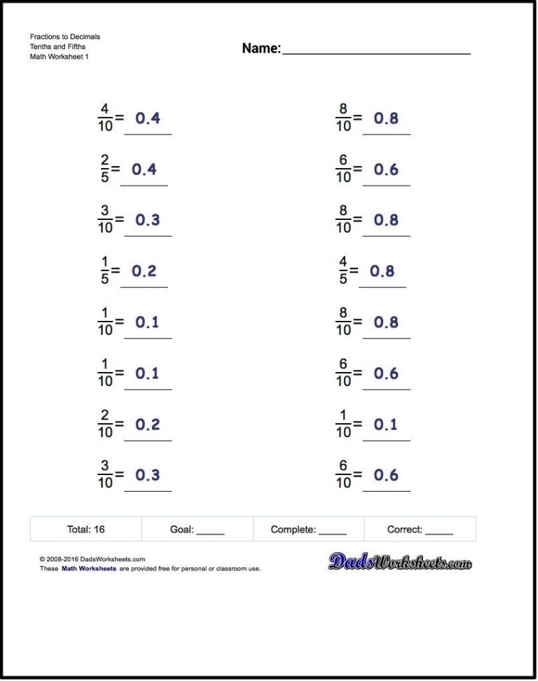 Fractions Decimals And Percents Worksheets With Answers